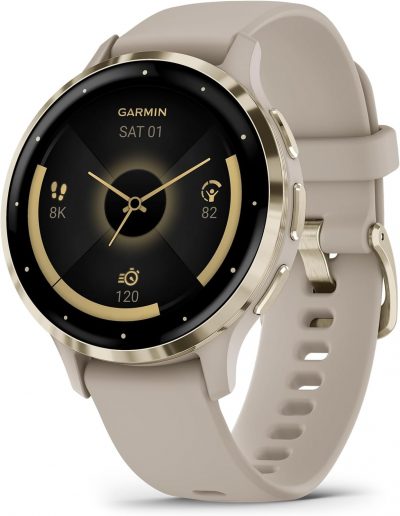 Garmin Venu 3S Soft Gold Stainless Steel Bezel 1.2-Inch AMOLED Touchscreen Display Smart Watch with 41mm French Gray Case and Silicone Band